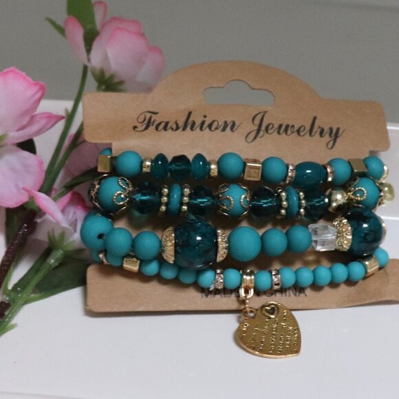 Lady Arya Blue & Goldtone Beaded Bracelet Set - Picture 2 of 2